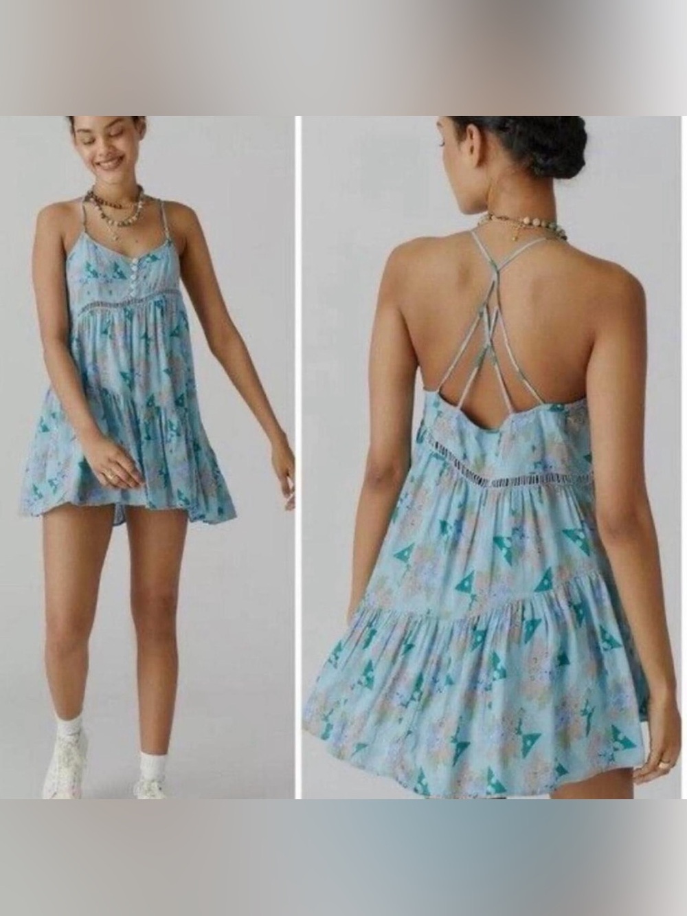 Urban Outfitters Light Blue Floral Tiered Spaghetti-Strap Mini Dress
